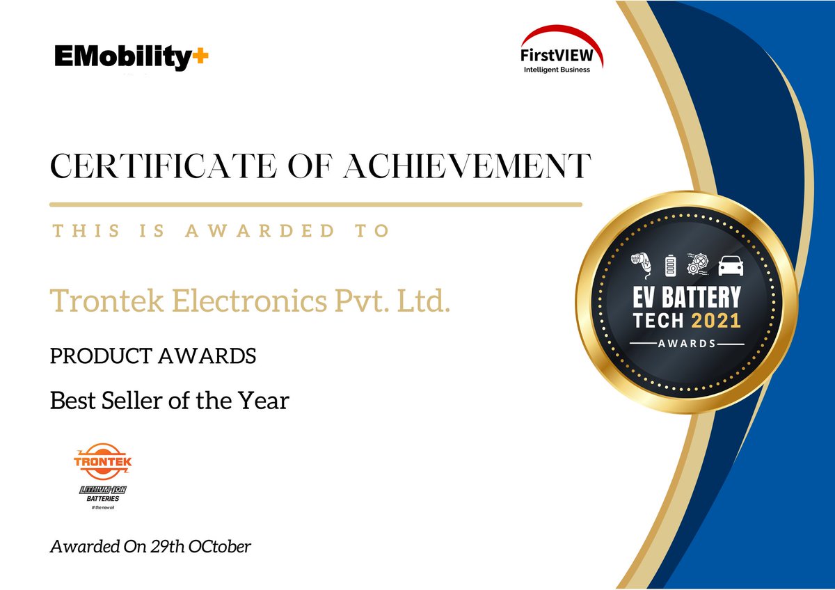 trontek_battery's tweet photo. The victory of Trontek at #EVBatteryTechAwards. It was awarded the Best Seller of The Year and the Company of the year: Battery Manufacturing.
Heartiest gratitude to #EMobilityplus.
#PoweredWithTrontek #sustainability https://t.co/ybRnfU933p