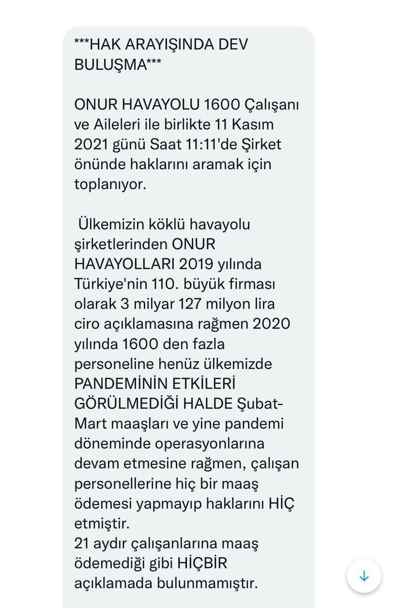 21 aydır maaşlarını alamayan 1.600 Onur Havayolları (<a href="/OnurAir/">Onur</a> ) işçileri, haklarını aramak için 11 Kasım Saat:11.11'de aileleriyle birlikte şirket önünde toplanıyor.

Büyük mağduriyet yaşayan
#OnurAir işçilerinin haklarını almaları için seslerini duyuralım #GücünüKatHareketiYarat