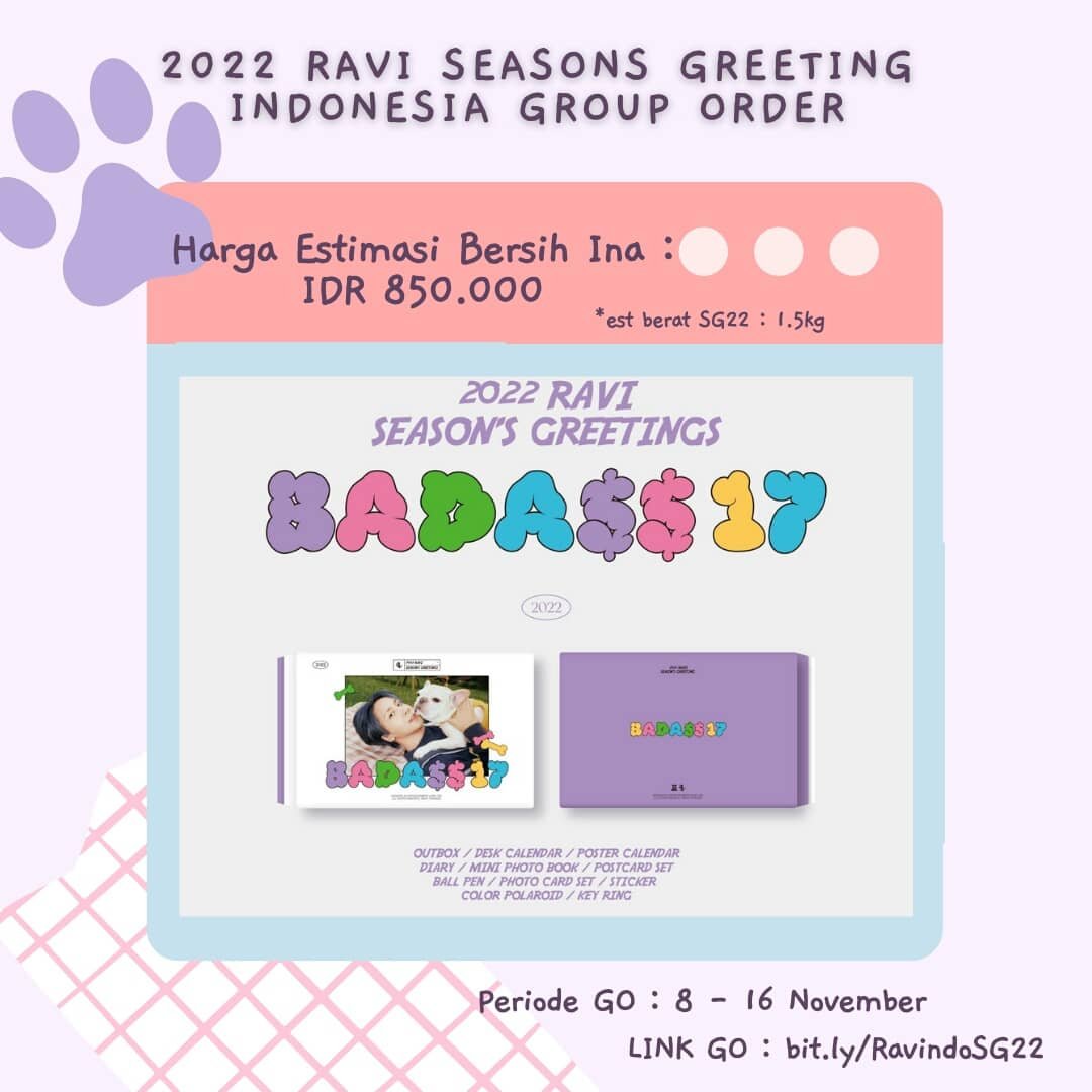 ravindonesia's tweet photo. [INA GO]

#RAVI 2022 SEASON'S GREETINGS 

🗓️  8 - 16 November 20.00 WIB 
🔗 https://t.co/LAnh76RYPf

Detail tertera pada gambar dan tweet berikutnya ya. Jika ada pertanyaan silahkan DM kami (ig @ravindonesia for faster response) 😉

#라비 #덩이 #BADASS17 #2022시즌그리팅 https://t.co/wDdbkM1jPQ
