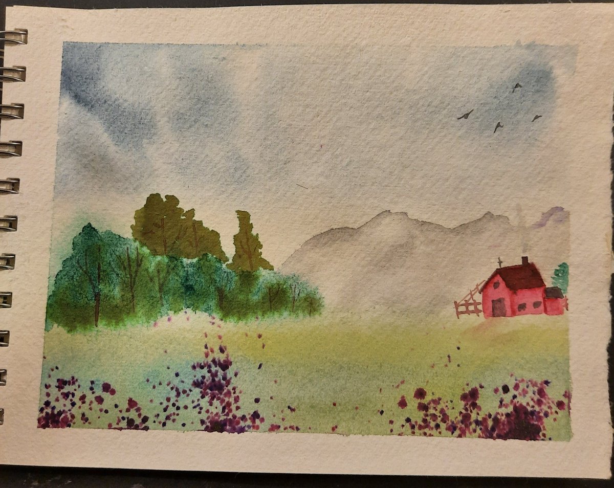 Another little landscape. These last 2 have used the Color Sparx Watercolor Powder. I'm obsessed with the idea of sprinkling it to make granulation but haven't perfected a delivery system. It's interesting tho. I only have 2 colors. #watercolor #landscape