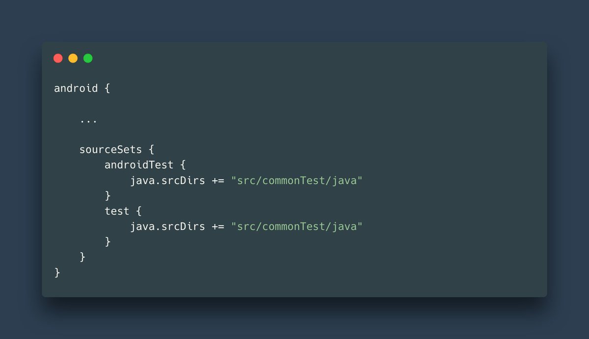 Alex_Zhukovich's tweet image. Suppose you want to share code (test data, object generators, etc.) between local and instrumentation tests. In this case, you can create a folder inside a module, like "commonTest" and add/update the "sourceSets" section.
#AndroidDev #AndroidTesting