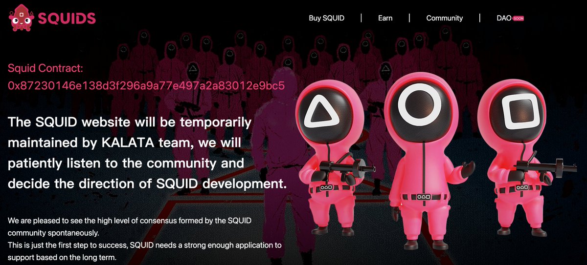 📢The #KALATA Team will help to temporarily maintain squids.cx at no expense to #SQUID ❤️❤️

🌐We will patiently listen to the community and decide the direction of #SQUID development 💪💪

#DeFi #KALATA #BuildBSC @SquidGame198  @SquidGamesCoins