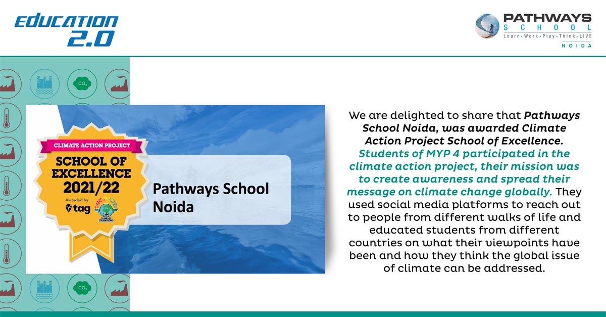 We are delighted to share that Pathways School Noida was awarded Climate Action Project School of Excellence.
.
#ClimateActionProject #ClimateChange #Pathways #PSNLearning #PathwaysSchoolNoida #IBSchool #Explore #Learn #Work #Play #Think #Live