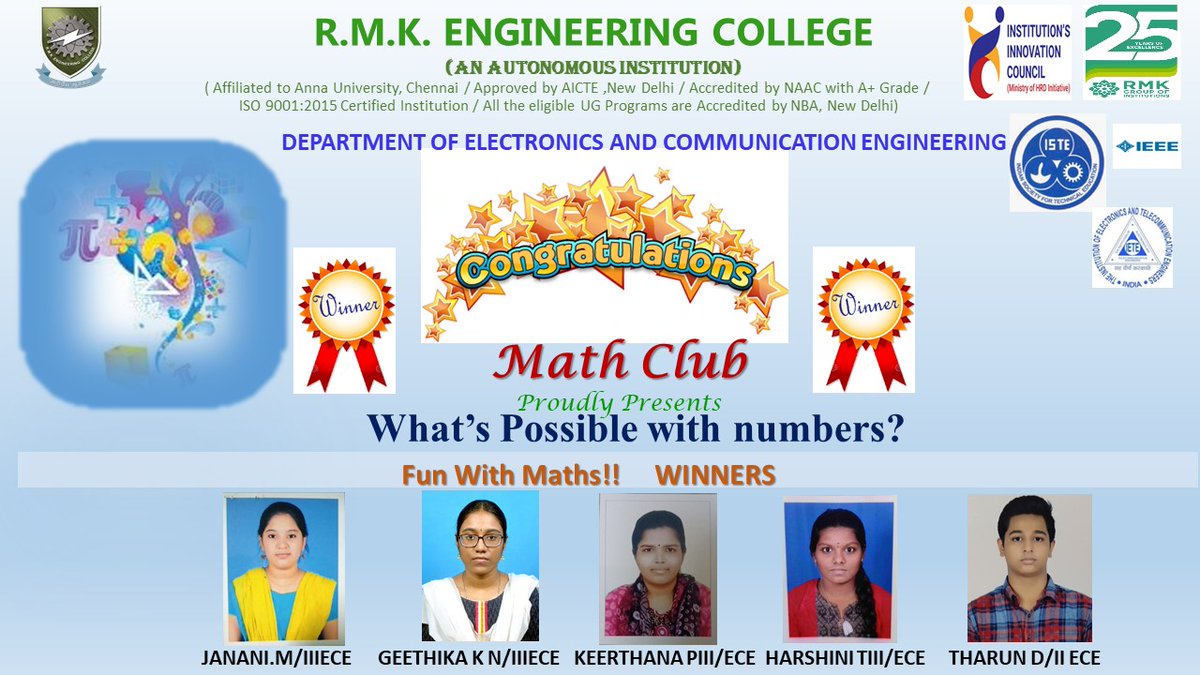 EceRmkec's tweet photo. Department of ECE, Math Club, Happy to share the winners of "What's possible with numbers?"
#Math_club #ECE #rmkec #winners #maths https://t.co/jz1vRJyw2w