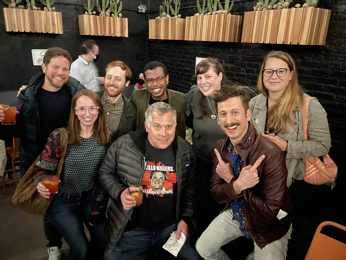 jscottamy's tweet image. It’s some of the #DexterNewBlood writers and Teddy. 
Top row - Tony Saltzman, @MarcMuszynski, David McMillan, Ali Salerno, Kirsa Rein — bottom row. Alex Franklin, me and @DavidMagidoff