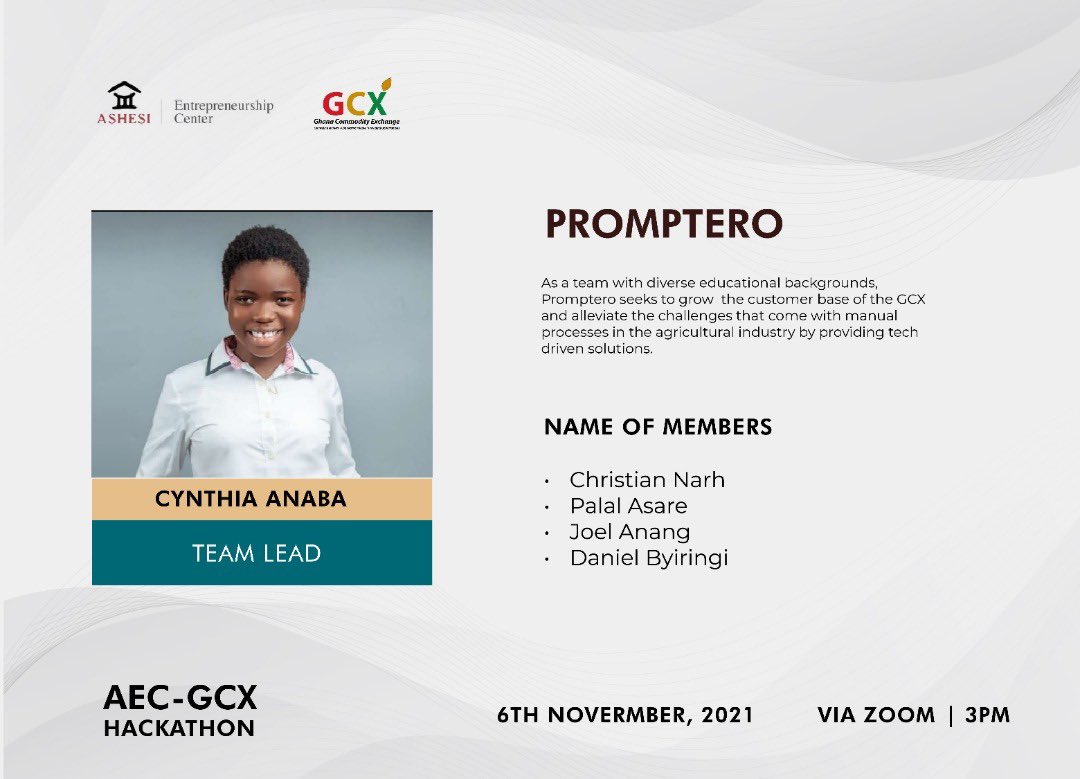 AshesiEntCenter's tweet image. Congratulations🎊 to team “PROMPTERO ” for winning 2nd Prize in the AEC-GCX Hackathon

#AECGCXhack #VirtualHackathon #ashesientship

 Theme: Contributing to the Agricultural Economic Transformation through Innovation.