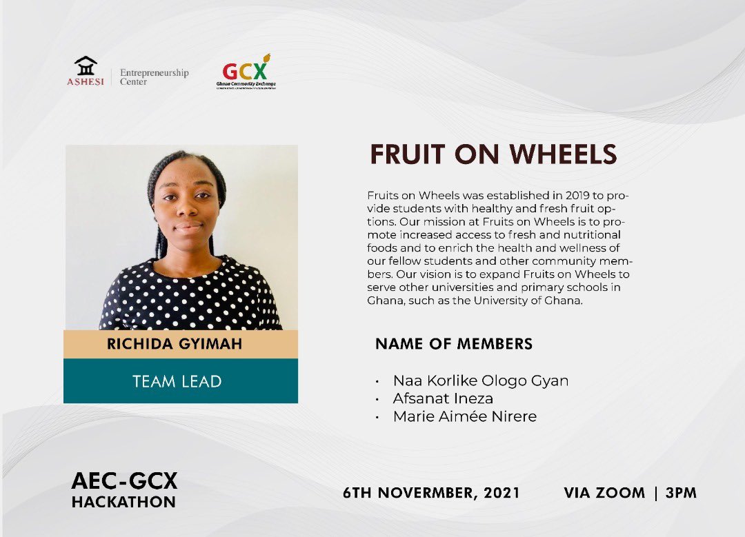 AshesiEntCenter's tweet image. Congratulations🎊 to team “FRUIT ON WHEELS” for winning 3rd Prize in the AEC-GCX Hackathon

#AECGCXhack #VirtualHackathon #ashesientship

 Theme: Contributing to the Agricultural Economic Transformation through Innovation.