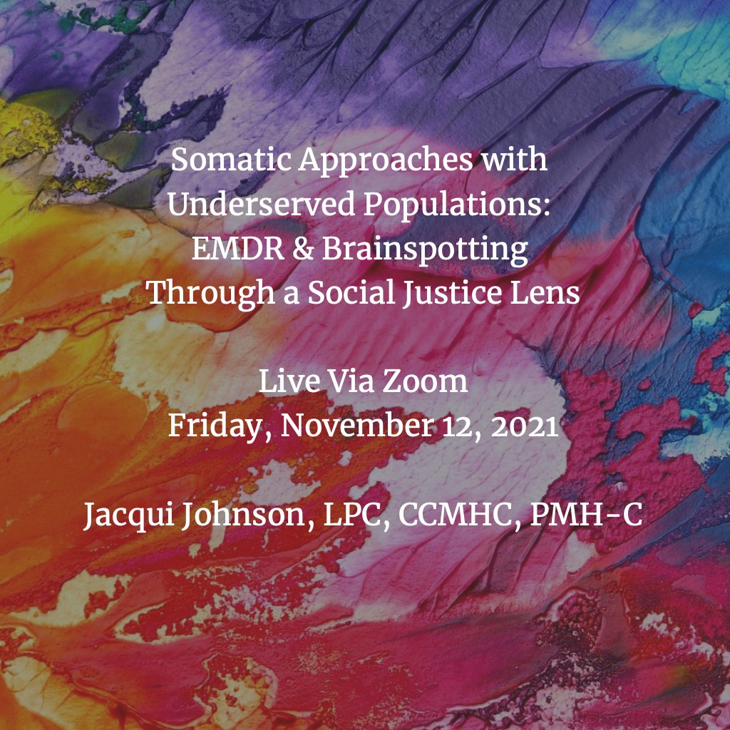 ETSummit's tweet photo. 11/12/21- Somatic Approaches with Underserved Populations: EMDR &amp; Brainspotting Through a Social Justice Lens 
 https://t.co/fubblOzoEe

#expressivetherapiessummit
#experessivetherapies
#arttherapy
#dancetherapy
#musictherapy
#dramatherapy
#poetrytherapy
#playtherapy https://t.co/dCgjasIlDQ