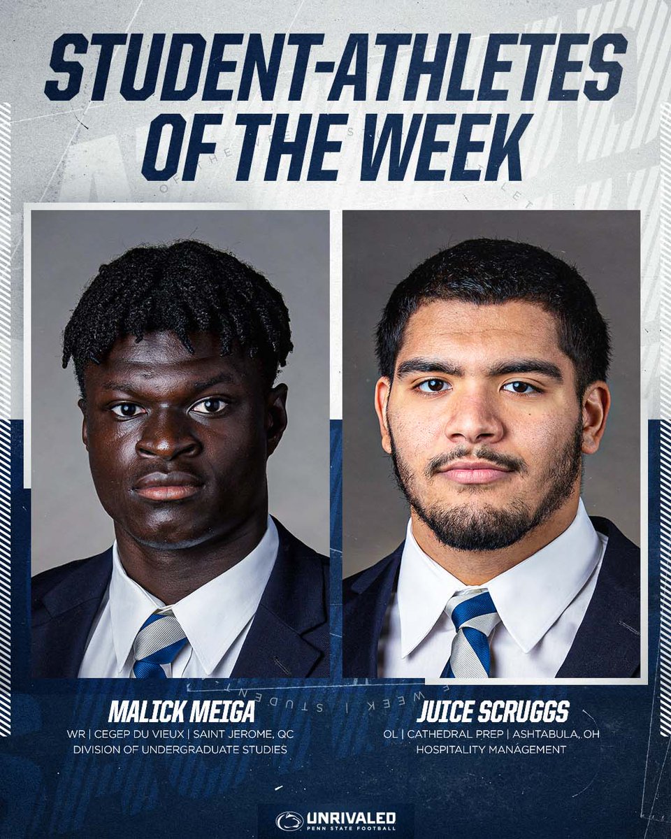 PennStateFball's tweet photo. Shout out to @malick_meiga &amp; @JuiceScruggs, our Student-Athletes of the Week 👏💯

#WeAre https://t.co/Mx0sQYQpuL
