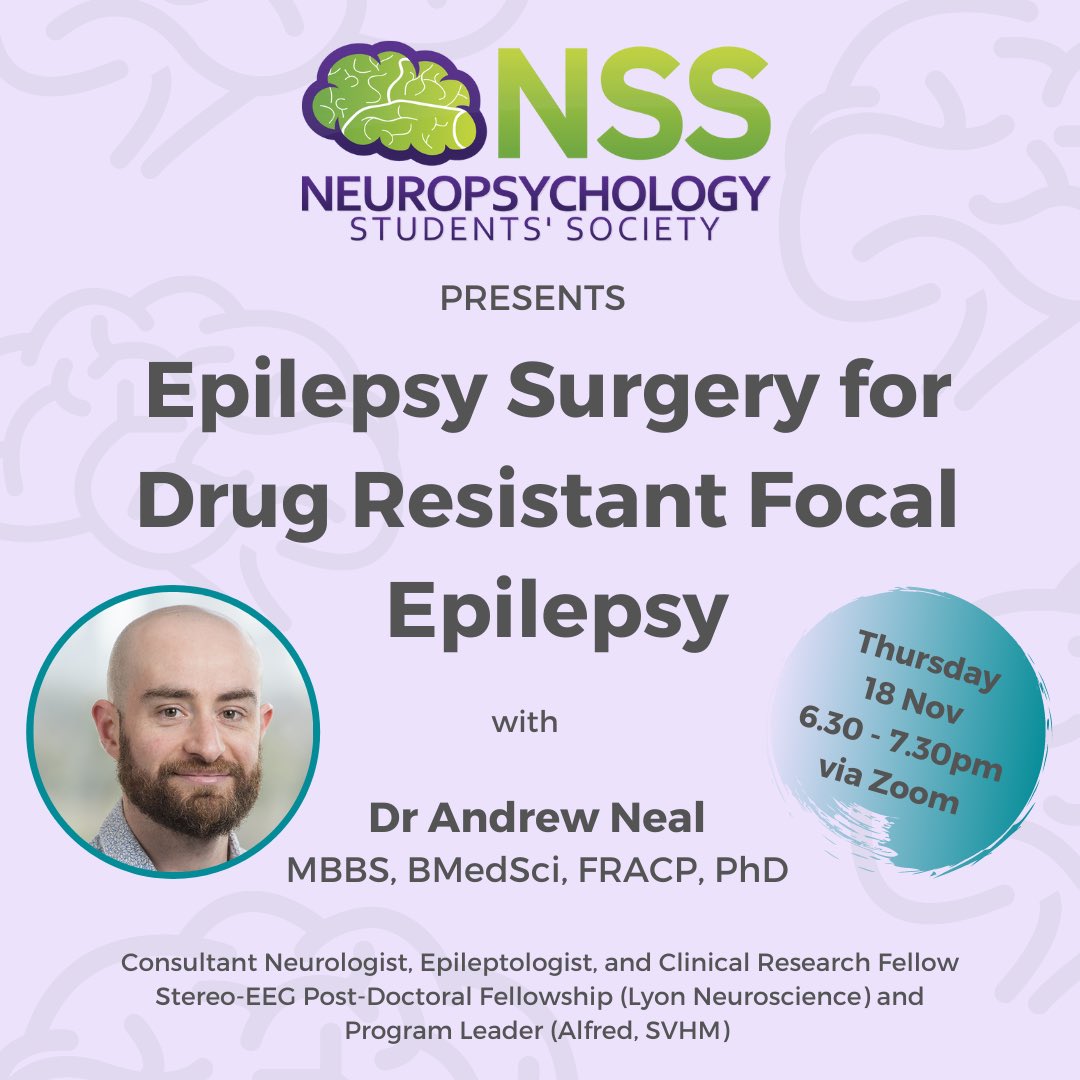 NSScommittee's tweet image. The NSS are pleased to announce our next webinar for 2021!
 
Dr Andrew Neal from @thealredhospital @StVincentsMelb @TheRMH will be presenting on current surgical tx for epilepsy, inc. the role neuropsych plays in this setting 🧠

For more info, follow the link in the comments ⬇️