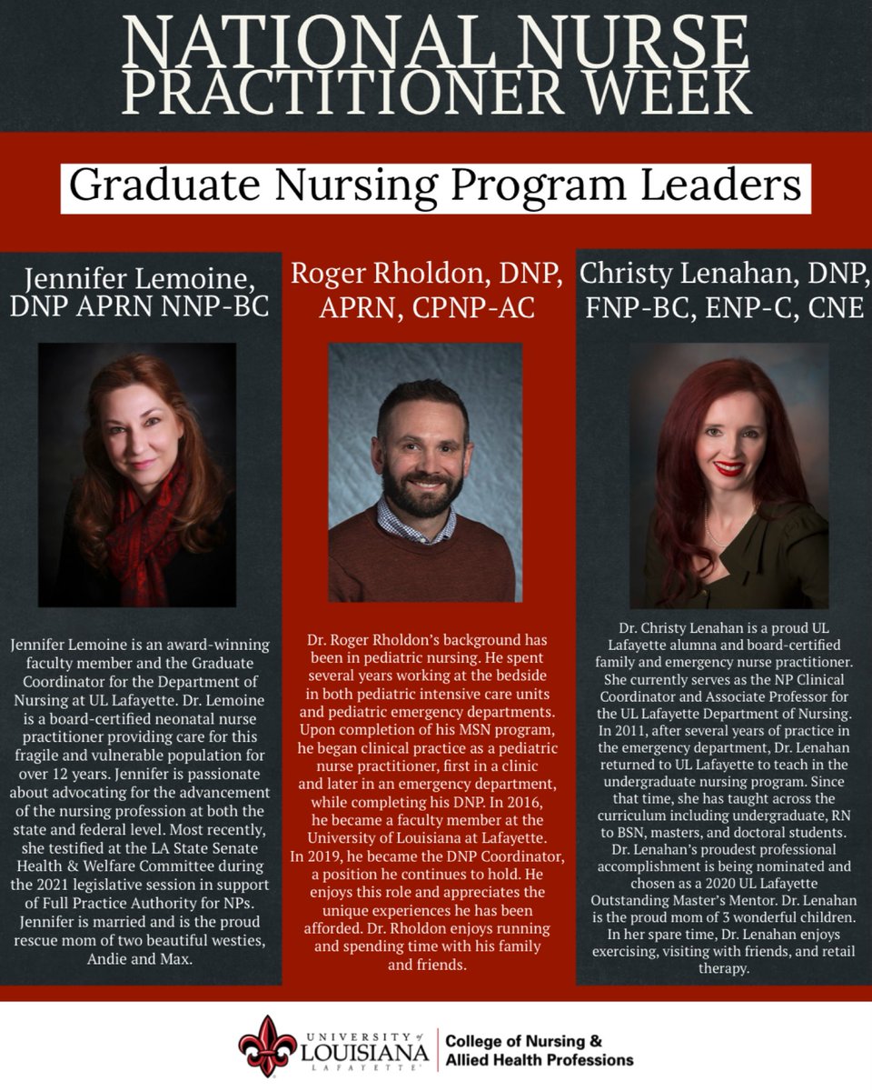 Happy Nurse Practitioner Week!
Join us in celebrating all the Nurse Practitioners everywhere, starting with our Graduate Nursing Program Leaders 🤟❤️
#NPweek #NPweek2021 #RaginCajunRNs