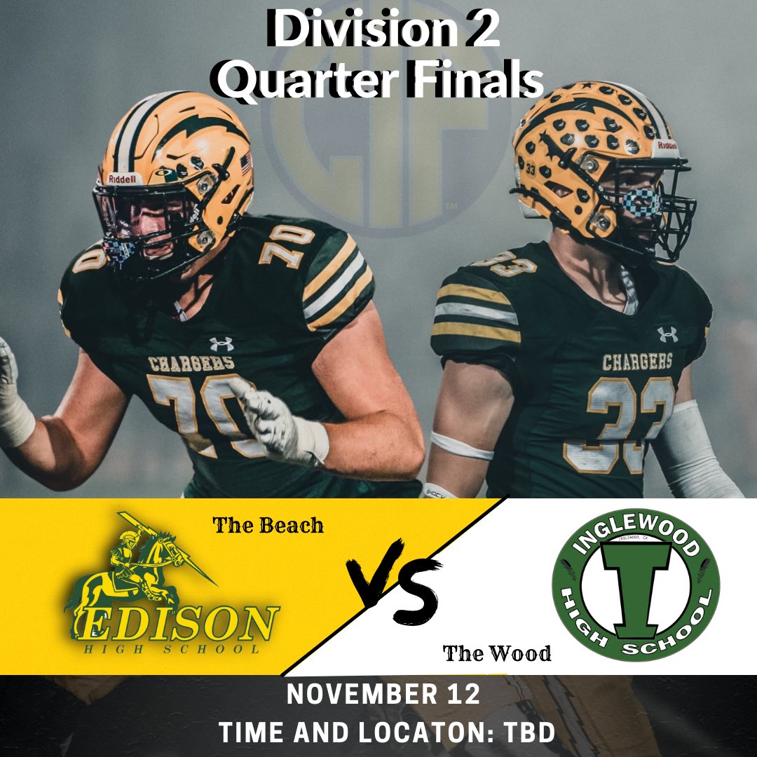 ⚡️

CIF Quarter Finals up next!
•
The Chargers take on a very strong opponent this week in Inglewood High School.
•
We will need all of the support we can get!
•
Location and start time to be announced.
•
RT to spread the word!

#proudtobeacharger