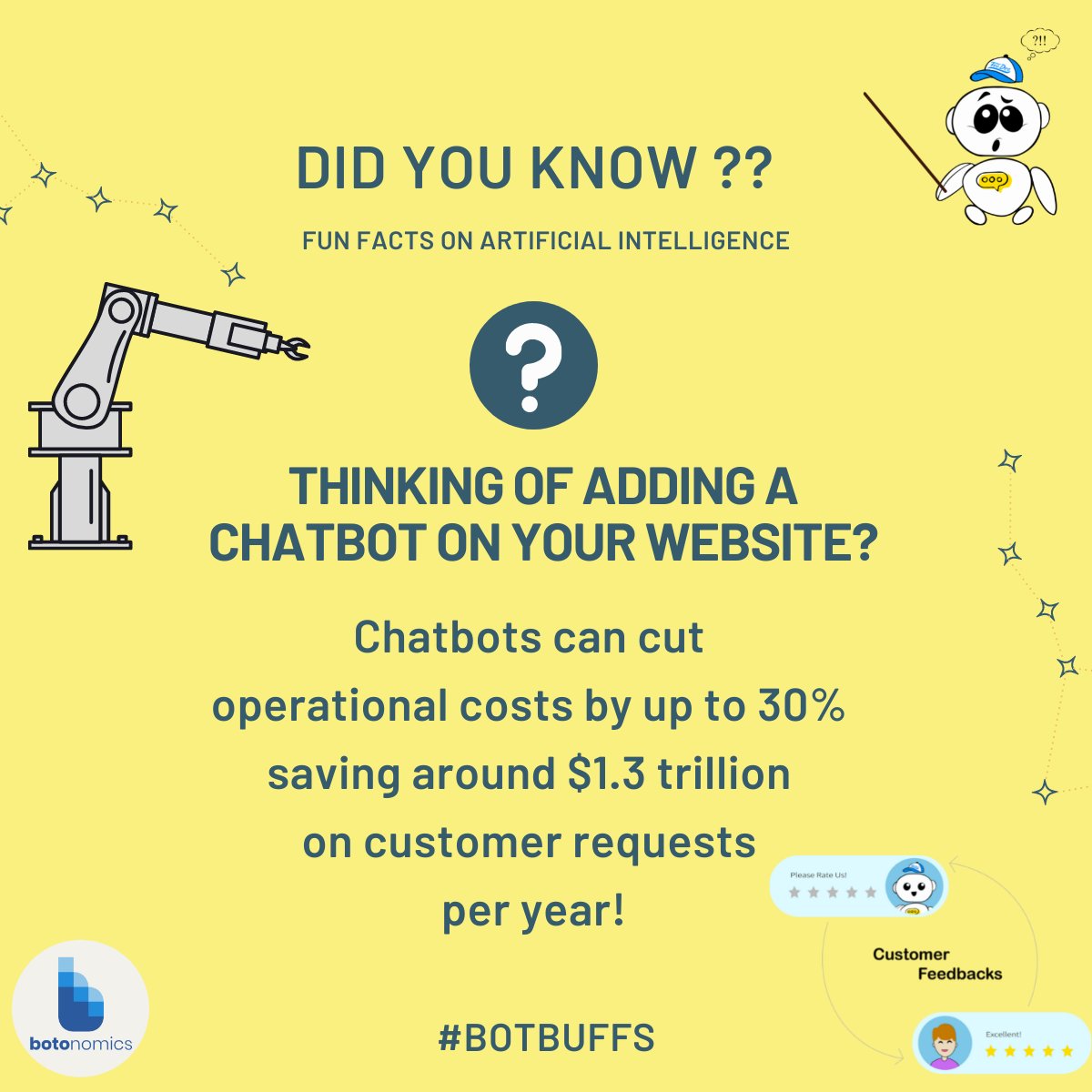 botonomics's tweet photo. 🤯 Did you know? ❓❔ 
.
.
Companies save around $1.3 Trillion per year by using chatbots.
.
.
High time to start using a chatbot to boost your online business
.
.
Visit https://t.co/gukNCmyMhm for more details
.
.
#teedee #chatbots #didyouknow https://t.co/oK5VjJ23VC