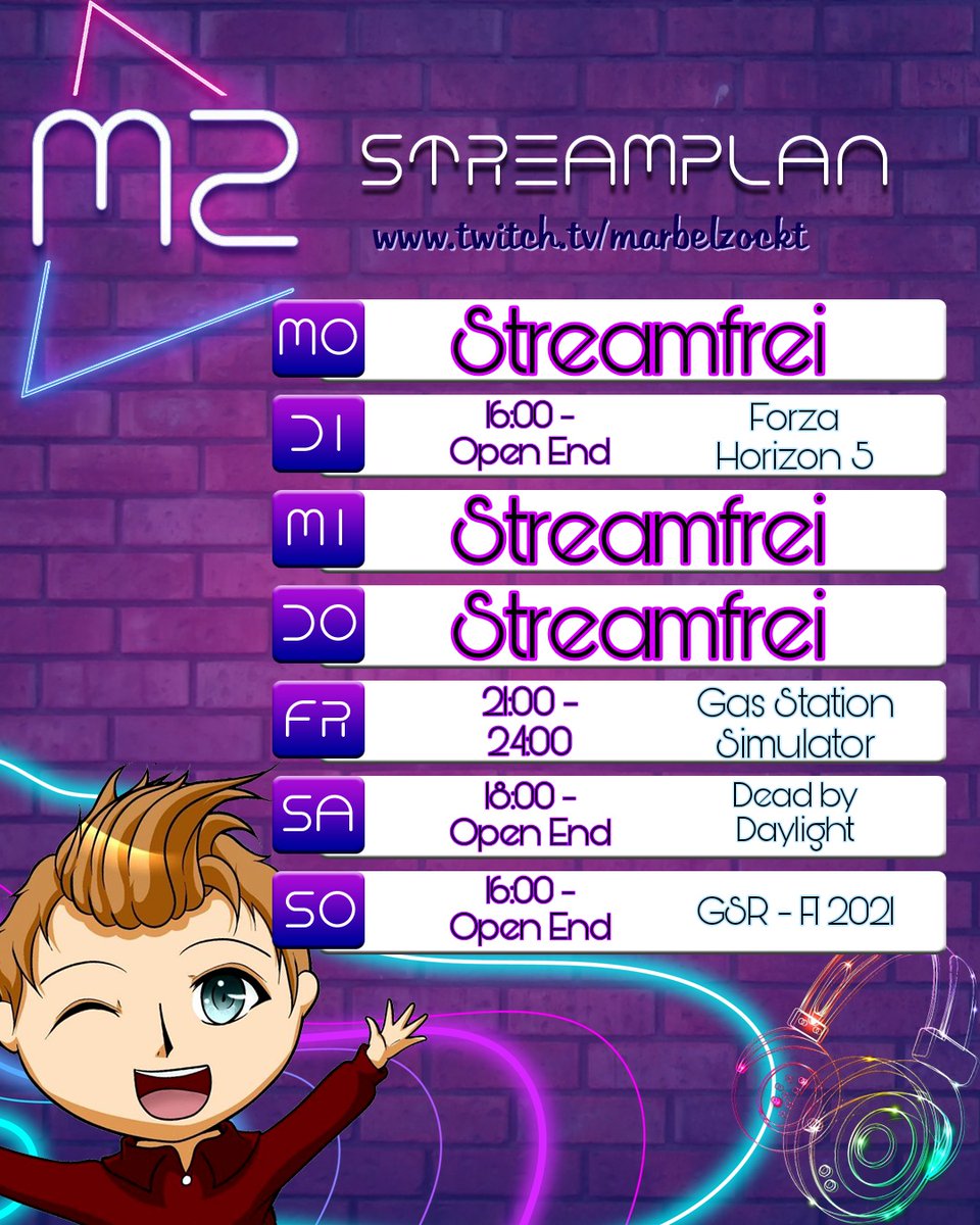 Streamplan
08.11. - 14.11.

designed by the_silent_sadness (Instagram)

#stream #twitch #livestream #live #gaming #fh5 #forzahorizon5 #gasstation #simulator #deadbydaylight #dbd #formel1 #liga