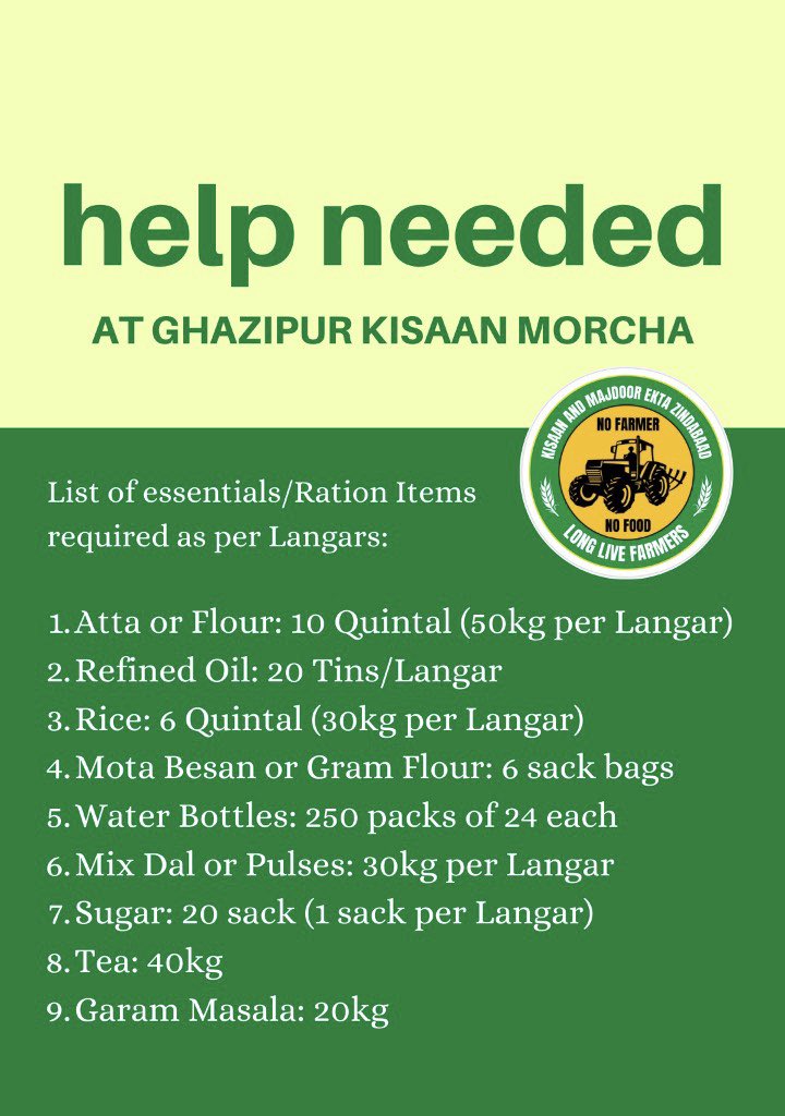 As per the langar requirements at gazipur morcha , these are the ration items required . Kindly rt 
#FarmersProtest 
@Simran_r @fromtrctr2twitr <a href="/arvindaction/">Arvind K</a> <a href="/jaspreetdyora/">Jaspreet Dyora</a> <a href="/NAmericanSikhs/">North American Sikh Community</a> <a href="/khalsaaid_india/">Khalsa Aid India</a> @JapneetSingh4NY