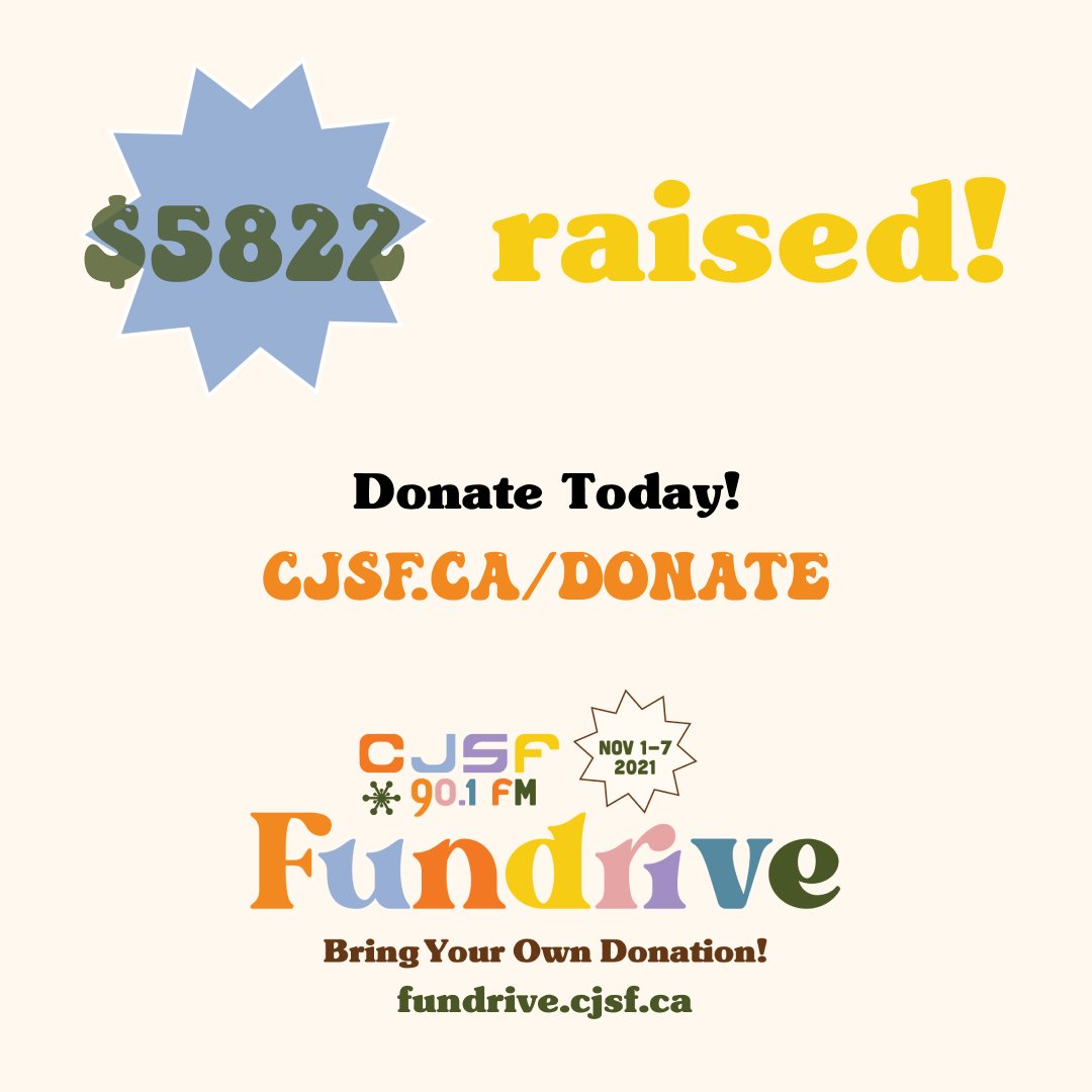 CJSF's tweet image. The #CJSFFundrive2021 edition of @VanMixtape (Sun., 8-9p) is now underway, and here&apos;s how much we&apos;ve made going into it! Stay tuned to our feeds for updates on tonight&apos;s #FundriveWeek VanMixtape + for the final totals for this year&apos;s #CJSFFundrive 🏡🏁🧡

#BringYourOwnDonation