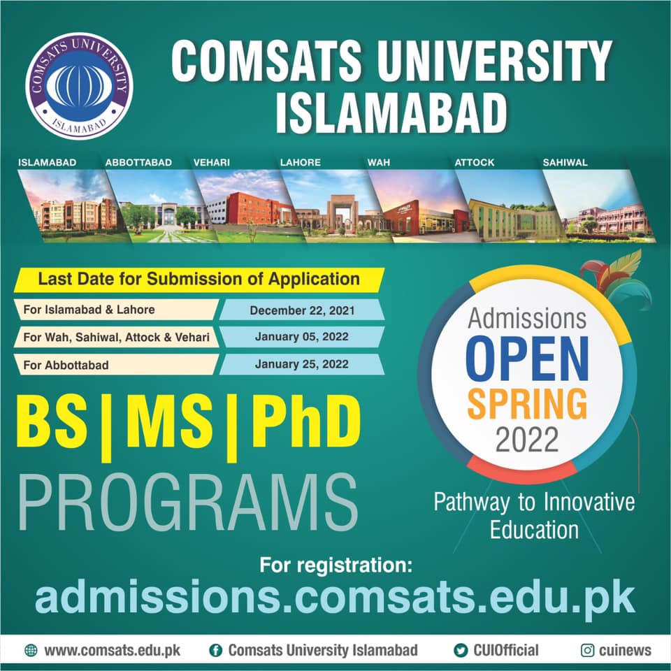LiscuiLahore's tweet photo. COMSATS University Islamabad Spring 2022 admissions are now open across all 7 campuses. Join CUI to enhance your exposure and acquire exciting learning opportunities. Choose your programs and register yourself at https://t.co/bWfkiK8f6Z
#AdmissionsOpen #spring2022 #studyprograms https://t.co/cyUWIQ8Q1w