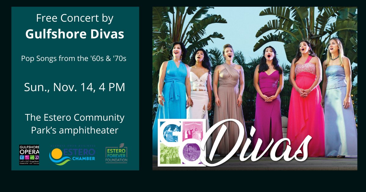 EsteroForever's tweet photo. We invite you to enjoy a free concert on Nov. 14, 4 PM at the Estero Community Park’s amphitheater by Gulfshore Divas performing a variety of repertoire featuring rich harmonies, with piano accompaniment! Learn more: https://t.co/APVWCsTEsp #esteroforever #gulfshoreopera https://t.co/n2tgUg9E1m