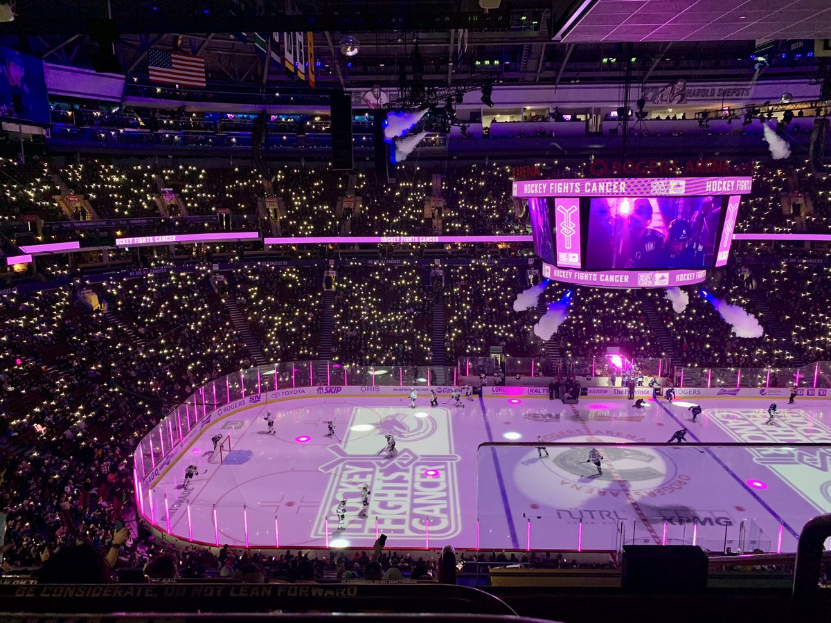sunilvancouver's tweet photo. Rogers Arena looks fantastic tonight for #HockeyFightsCancer night @Canucks @Sportsnet @Sportsnet650 @NHL @RogersArena https://t.co/9aURkfgS2P