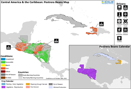 GEOCropMonitor's tweet photo. In #CentralAmerica and #Haiti, #Postrera season #bean crops &amp; #Segunda season #maize crops were impacted by highly erratic &amp; below-average rains, &amp; dry conditions are likely to continue in parts of the region through early November. #CM4EW https://t.co/8NjLa4b76x @climatehazards https://t.co/MVgakHeLwF