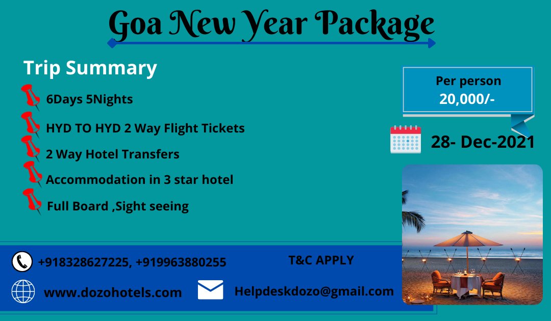 DozoHotel's tweet photo. Goa New Year Package...
28-Dec-2021
6D5N......
Visit us https://t.co/ssx8fOmKey
Contact +918328627225, +919963880255
#Goa #Goatour #Goatourpackage #Dozo #dozopackages #Goanewyearpackages #6d5n #Dozohotels #NewYear #Newyearpackages https://t.co/5nuWpvhSTb