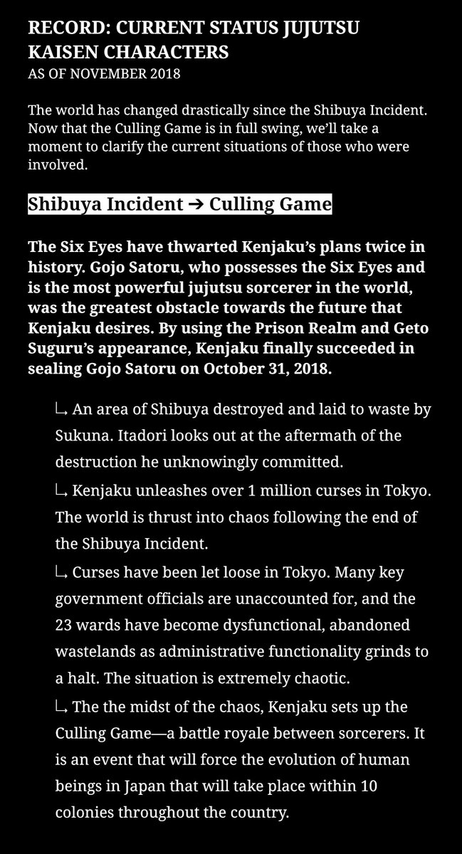 soukatsu_'s tweet photo. CURRENT STATUS OF JJK CHARACTERS AFTER SHIBUYA + Culling Game situation breakdown that was published in this week’s Weekly Shonen Jump

 [1/2] https://t.co/w9yGUgXFNu