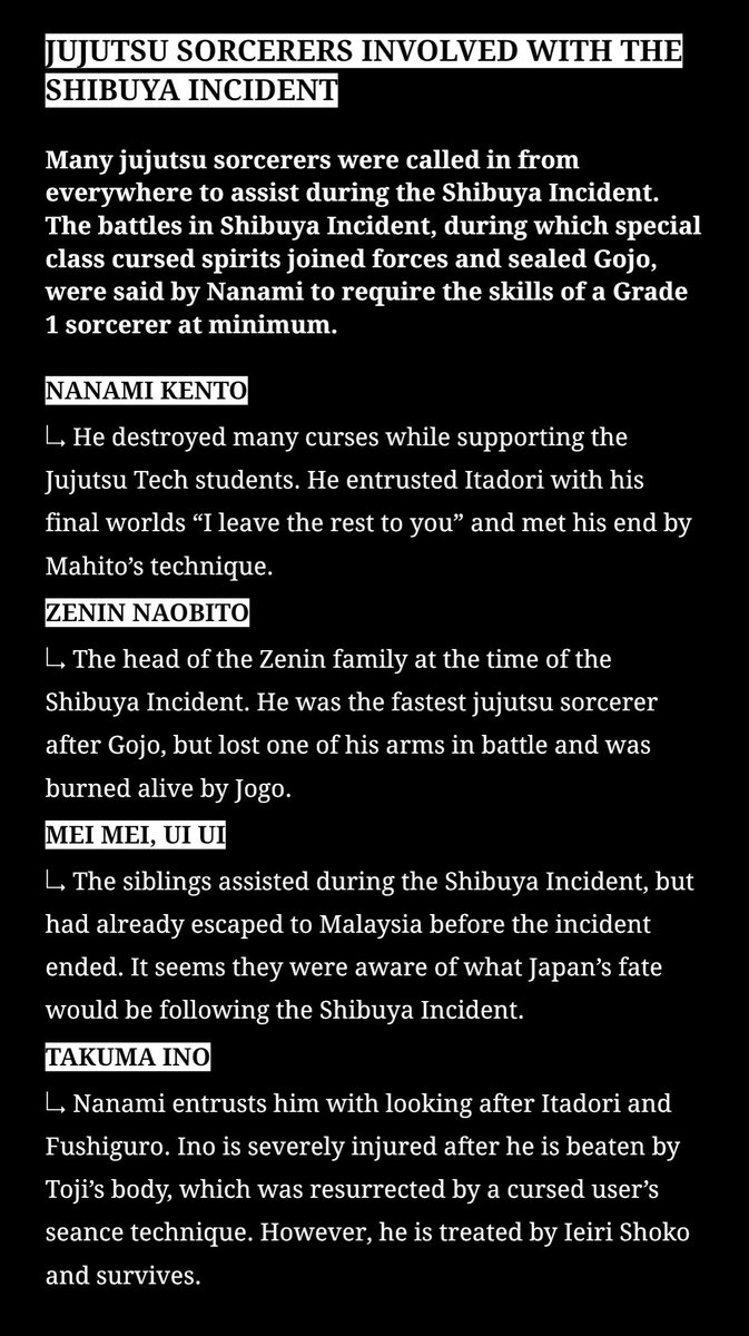 soukatsu_'s tweet photo. CURRENT STATUS OF JJK CHARACTERS AFTER SHIBUYA + Culling Game situation breakdown that was published in this week’s Weekly Shonen Jump

 [1/2] https://t.co/w9yGUgXFNu