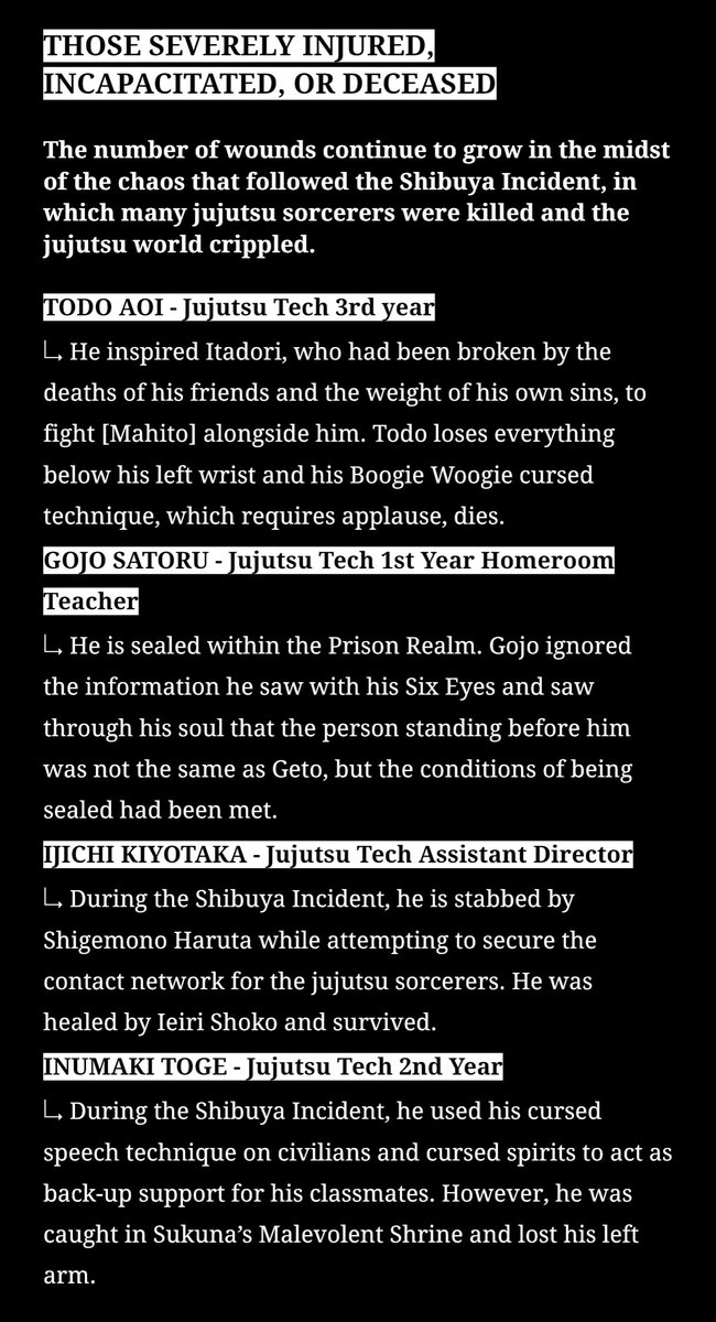soukatsu_'s tweet photo. CURRENT STATUS OF JJK CHARACTERS AFTER SHIBUYA + Culling Game situation breakdown that was published in this week’s Weekly Shonen Jump

 [1/2] https://t.co/w9yGUgXFNu