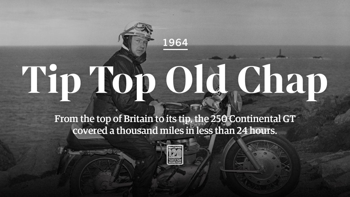 royalenfield's tweet photo. The GT was launched with an incredible 1000-mile under 24 hours race from the top of Britain at John O’Groates to the tip of Britain at Land’s End, a milestone achieved in just 22 hours, 20 minutes.

#120Helmets #120YearsOfRoyalEnfield #HistoryOnHelmets #REApparel https://t.co/KLamDINLdo