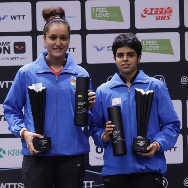 AsianGamesOCA's tweet photo. All smiles for the 🇮🇳 Indian pair of Manika Batra & Archana Kamath as they clinched women's doubles title in WTT Contender Lasko 🏆
The highest-ranked Indian Manika also won Bronze in Women's Singles🏓
📸: @WTTGlobal
#WTTLasko #WTTContender #India #TableTennis @manikabatra_TT https://t.co/UkMqKOoBUs