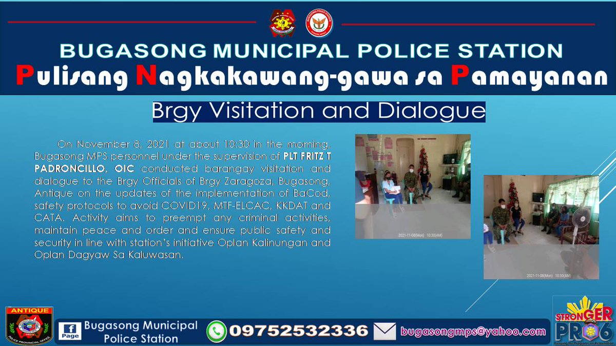 bugasong_mps's tweet photo. PRO6/Antique PPO/Bugasong MPS

“BRGY VISITATION AND DIALOGUE”

#TeamPNP
#CPNPPGENGUILLERMOLORENZOELEAZAR
#PNPKakampiMo
#WeServeAndProtect
#StrongerPRO6
#PNPPATROLPLAN2030
#PRO6RDBGENROLANDOFMIRANDA
#JustBeGoodAtIt
#PulisUmaksyonMabilis
#GiveItRight https://t.co/ViRGKiGFKv