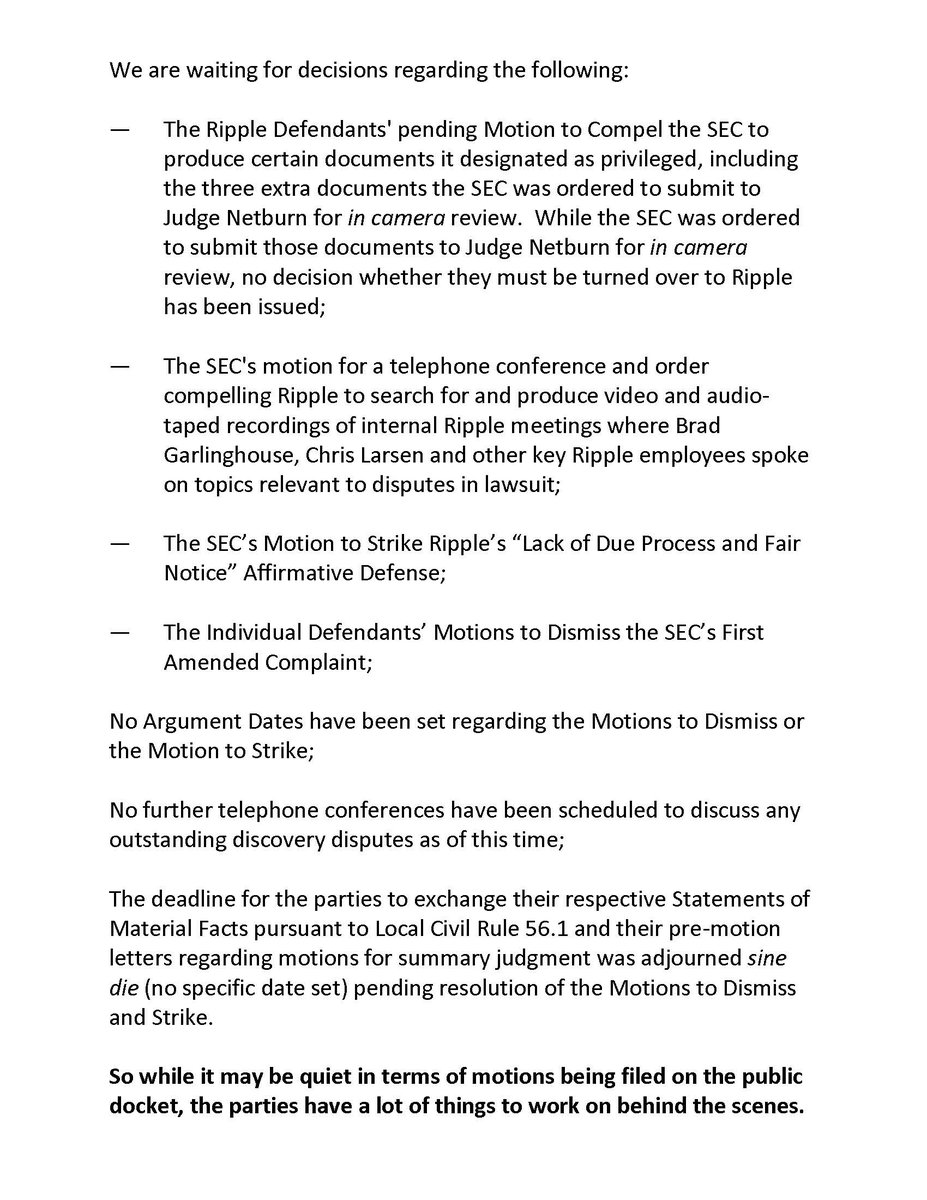 FilanLaw's tweet photo. #XRPCommunity #SECGov v. #Ripple #XRP Below is an updated schedule.  Although it has been quiet publicly, you will see that the parties have a lot of work to do based on recent decisions on discovery disputes. https://t.co/E5zwPzCpcU