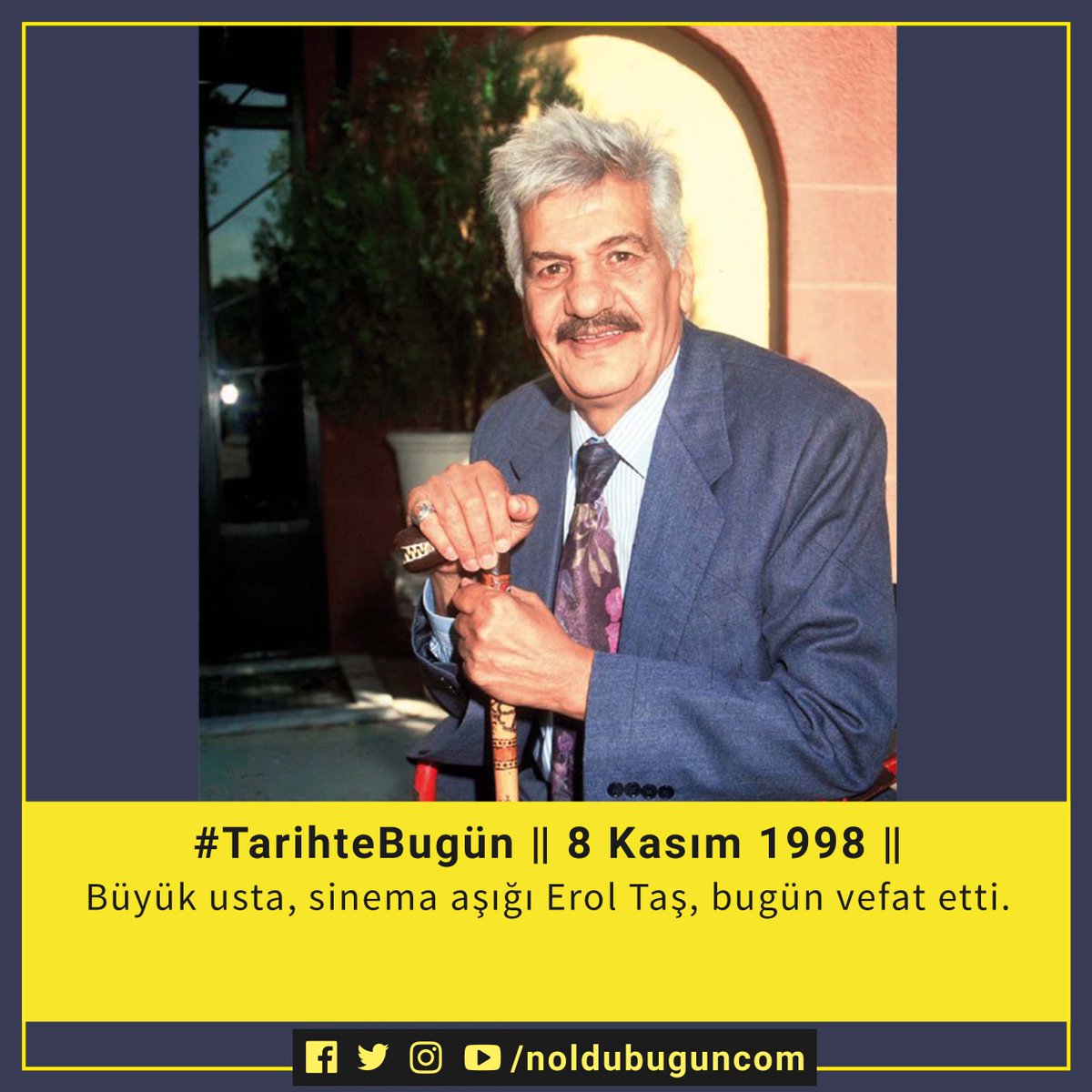 noldubugun_com's tweet photo. #TarihteBugün 8 Kasım 1998
Yeşilçam'ın kötü adam rollerinin aranan ismi, yaklaşık 600 filmde irili ufaklı rol almış olan Erol Taş kalp krizi sonucu 70 yaşında vefat etti.

#ErolTaş #Yeşilçam #sinema #sanat https://t.co/9aNHDbIo1E