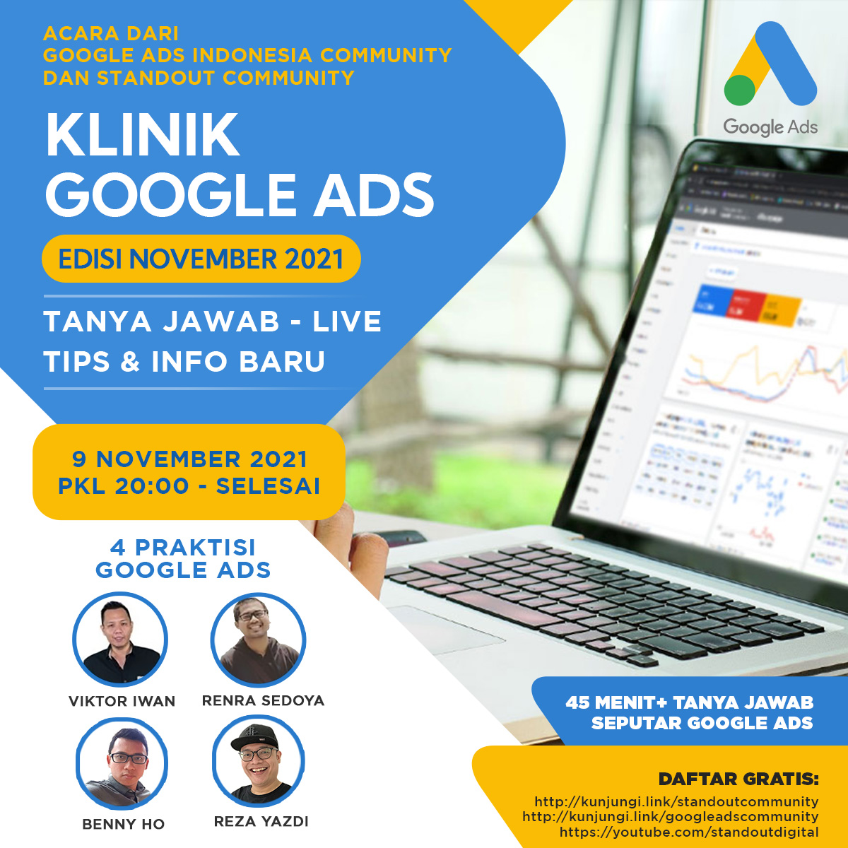 Klinik Google Ads November Kembali Hadir BESOK! 📢
Pastikan hadir di tanggal 9 November 2021, pukul 20:00 - SELESAI!

#standoutdigital #standoutdigitalid #belajarmarketing #google #googleads