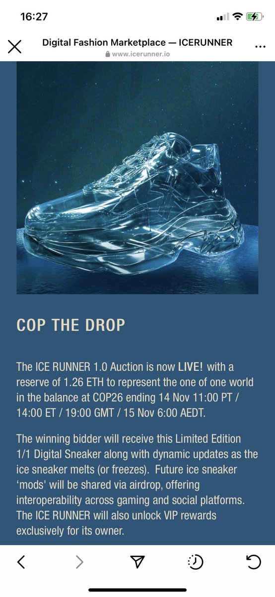 What an amazing NFT project!!!
Get these amazing ice sneakers and help battle climate change! Imagine walking around the meta verse in 1/1 ice sneakers. 👀 <a href="/MYAMIstudio/">MYAMI</a> #ClimateAction 
icerunner.io/copthedrop