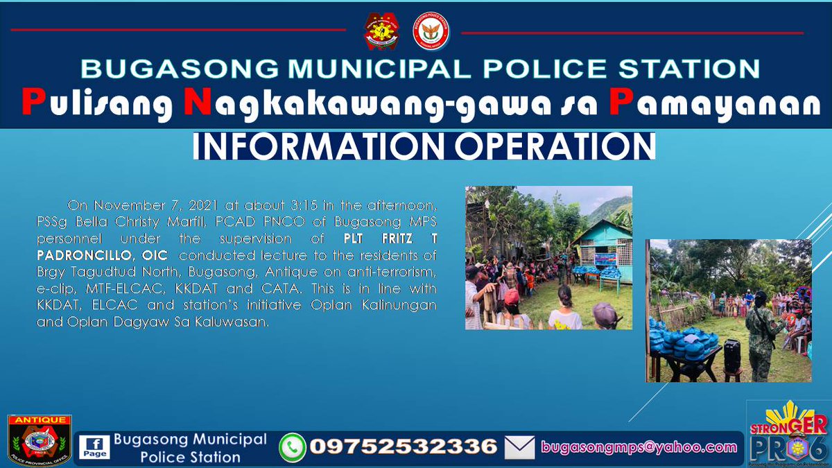 bugasong_mps's tweet photo. PRO6/Antique PPO/Bugasong MPS

“IO LECTURE and IEC DISTRIBUTION”

#TeamPNP
#CPNPPGENGUILLERMOLORENZOELEAZAR
#PNPKakampiMo
#WeServeAndProtect
#StrongerPRO6
#PNPPATROLPLAN2030
#PRO6RDBGENROLANDOFMIRANDA
#JustBeGoodAtIt
#PulisUmaksyonMabilis
#GiveItRight https://t.co/2c3132qRvt