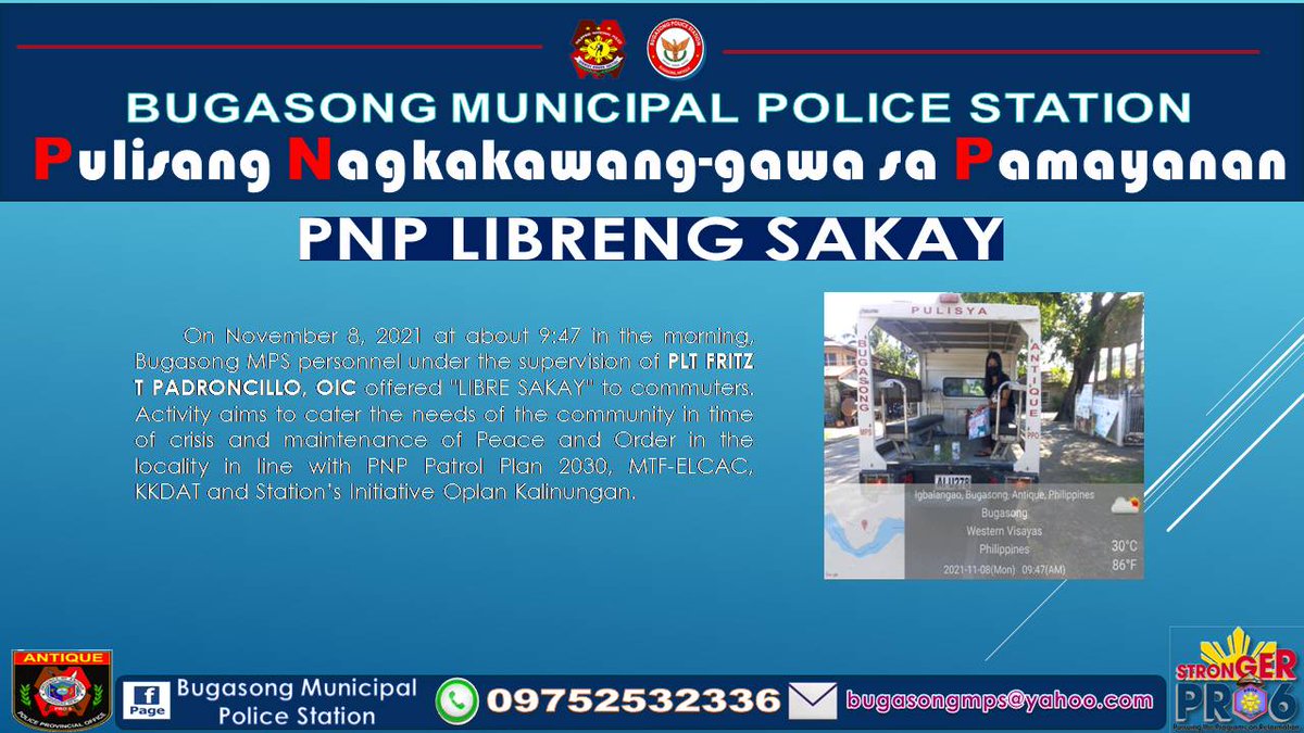 bugasong_mps's tweet photo. PRO6/Antique PPO/Bugasong MPS

"PNP LIBRE SAKAY"

#TeamPNP
#CPNPPGENGUILLERMOLORENZOELEAZAR
#PNPKakampiMo
#WeServeAndProtect
#StrongerPRO6
#PNPPATROLPLAN2030
#PRO6RDBGENROLANDOFMIRANDA
#JustBeGoodAtIt
#PulisUmaksyonMabilis
#GiveItRight https://t.co/3ovuamEnOp