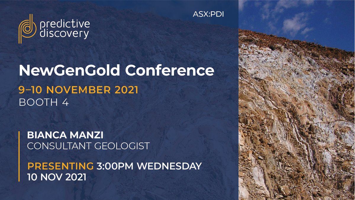 PDI_Gold's tweet photo. $PDI.AX is excited to be presenting & exhibiting at @Paydirt_Media #NewGenGold Conference, which will be running from the 9-10 Nov 2021.
Consultant Geologist Bianca Manzi will be presenting on Wed 10 Nov 2021, 3:00PM AWST.
Register here: https://t.co/X92Z7H5n5F
#gold https://t.co/qi0BbZiLfF