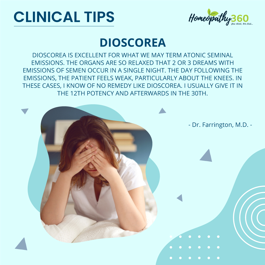 Dioscorea: DIOSCOREA i s excellent f or atonic seminal emissions. Organs are so relaxed that 2 or 3 dreams with emissions occur i n a single night. ..
[Source:  - Dr. Farrington, M.D.]
Read More Clinical Tips: 
homeopathy360.com/category/quote…
#Dioscorea, #ClinicalTips, #DrFarrington,