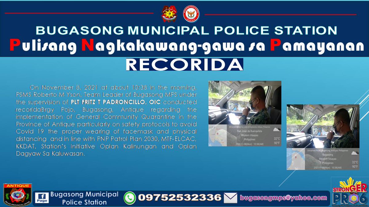 bugasong_mps's tweet photo. PRO6/Antique PPO/Bugasong MPS

“RECORIDA (AM)”

#TeamPNP
#CPNPPGENGUILLERMOLORENZOELEAZAR
#PNPKakampiMo
#WeServeAndProtect
#StrongerPRO6
#PNPPATROLPLAN2030
#PRO6RDBGENROLANDOFMIRANDA
#JustBeGoodAtIt
#PulisUmaksyonMabilis
#GiveItRight https://t.co/6CfS6JiCuY