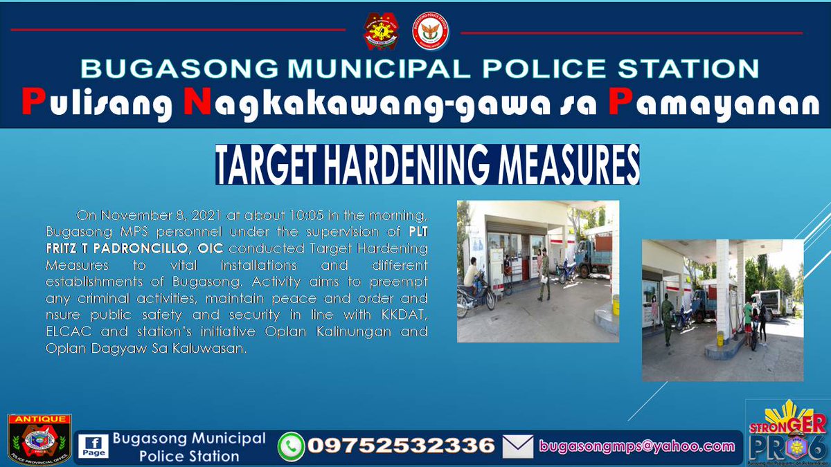 bugasong_mps's tweet photo. PRO6/Antique PPO/Bugasong MPS

“TARGET HARDENING”

#TeamPNP
#CPNPPGENGUILLERMOLORENZOELEAZAR
#PNPKakampiMo
#WeServeAndProtect
#StrongerPRO6
#PNPPATROLPLAN2030
#PRO6RDBGENROLANDOFMIRANDA
#JustBeGoodAtIt
#PulisUmaksyonMabilis
#GiveItRight https://t.co/Ql9qXUxrgO