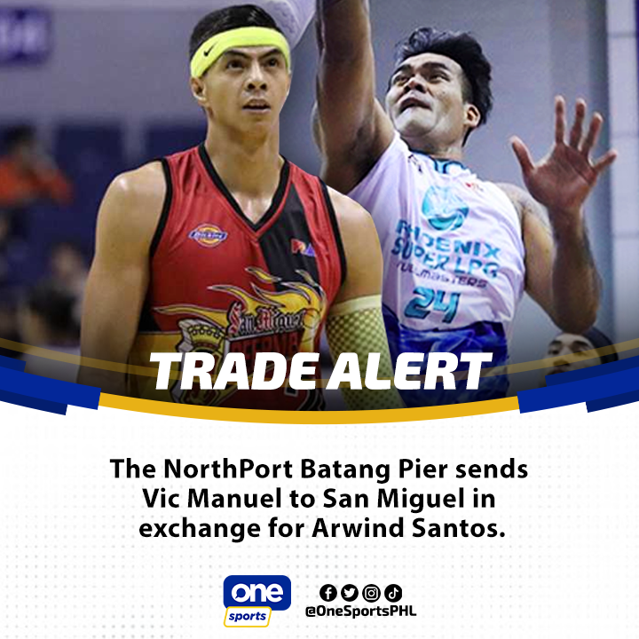 OneSportsPHL's tweet photo. Vic Manuel ➡️ San Miguel Beermen 
Arwind Santos ➡️ Northport Batang Pier

Naaprubahan na ng PBA ang trade kung saan makukuha ng San Miguel Beermen si Vic Manuel mula sa Northport kapalit ni Arwind Santos. 

#PBATayoAngBida #PBATuloyAngLaban #PBAonOneSports https://t.co/5NuOWcDMuh