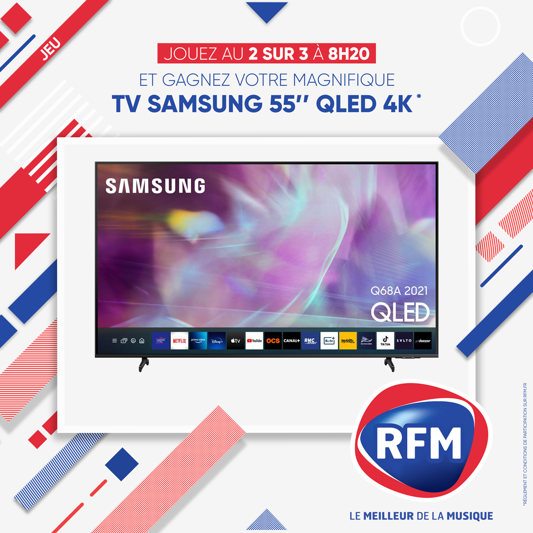 RFMFrance's tweet photo. [#2Sur3] 🤩 Vous GAGNEZ une magnifique TV Samsung 55 pouces (139,7 cm) QLED 4K ! 📺

📲 Jouez au 39 16 (0,50cts/min) ou par SMS code 2 sur 3 au 7 39 16 (3x0.75cts + coût SMS) ! 🤞 #RFMMatin https://t.co/Ai3riNV2id