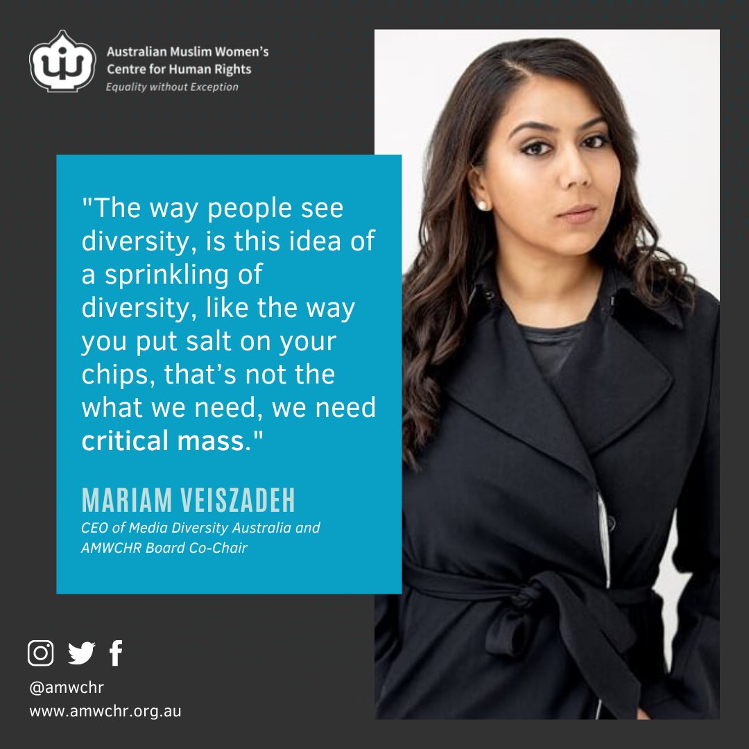 amwchr's tweet photo. Meet our @amwchr Board Co-Chair and the newly appointed @MediaDiverseAU CEO, @MariamVeiszadeh an award-winning change maker, inclusive thought leader and a passionate Diversity & Inclusion advocate.
#AMWCHR #MeetOurTeam #BoardOfDirectors #MariamVeiszadeh https://t.co/RtnvnZuomt