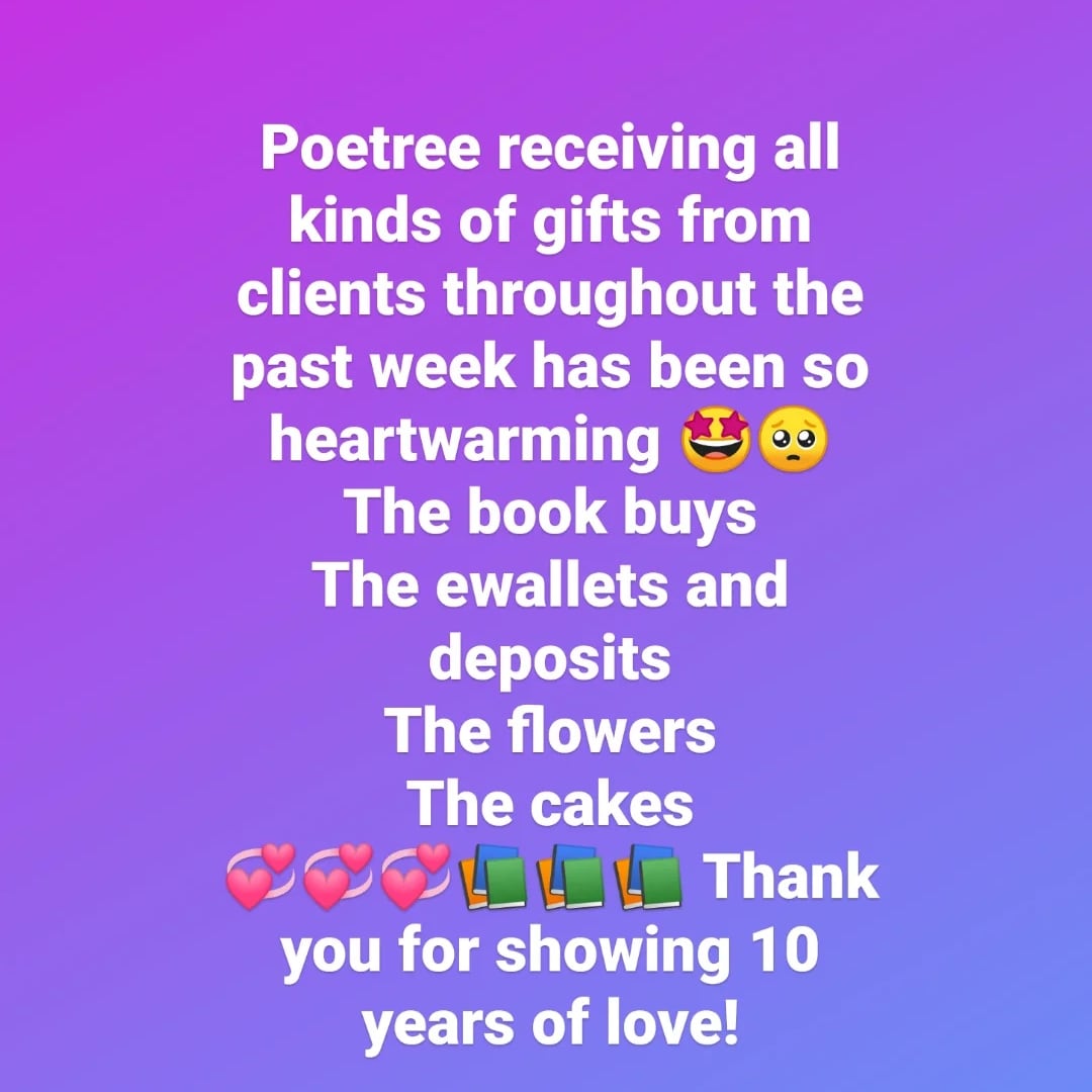 PoetreeBooks's tweet photo. Poetree receiving all kinds of gifts from clients throughout the past week has been so heartwarming 🤩🥺
We're celebrating all month. See annual raffle details below. 
Look out for more announcements on our official anniversary date = 11 November 🎉 https://t.co/Zbfu9K50rh