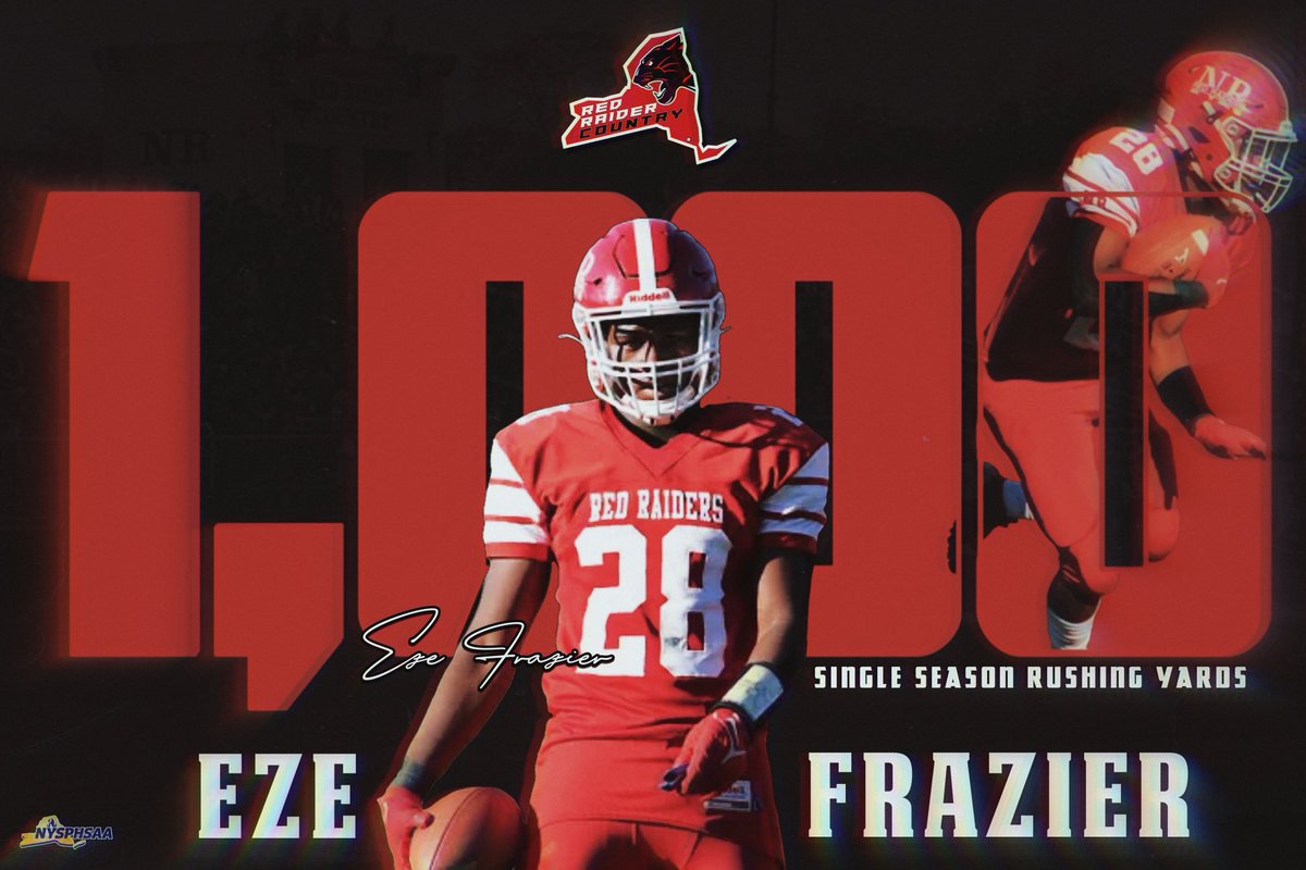 NorthRocklandFB's tweet image. 🙌 In his last game as a Red Raider, Eze Frazier eclipsed the 1,000 Yard Rushing mark for a single season.He ended the day w/ 212 Total Yds of Offense and 3TD's. Season Total = 1,003 Rush Yds &amp;amp; 18 Total TD's. #EAT @lohudinsider @FaMSportsVF @KDJmedia1 @NRockathletics @NRRedRaider