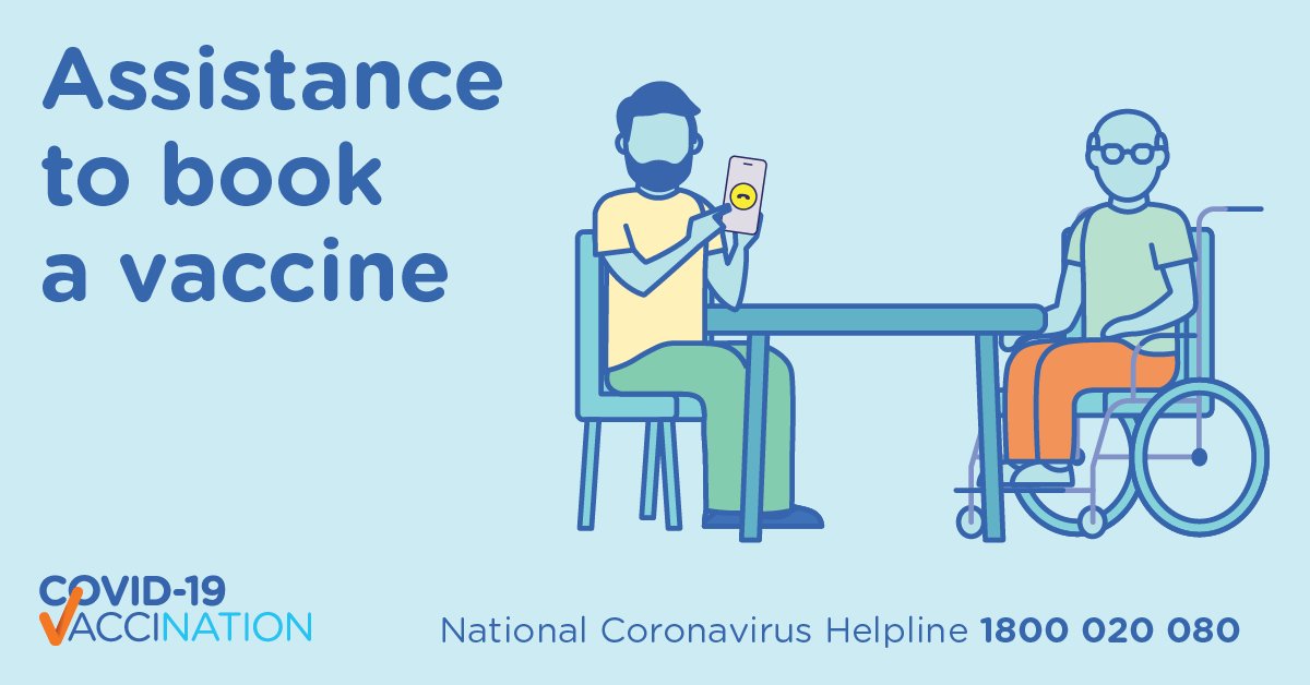 healthgovau's tweet photo. If you have a disability or are caring for someone with disability♿&amp; need extra help booking a #COVID19 vaccine🛡️appointment📅we can help. Call the National Coronavirus Helpline on📞1800 020 080 &amp; select option 5 today. https://t.co/wf8yPVwVDG