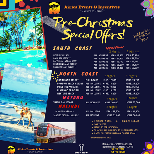 Christmas comes early . Avoid the peak season rush . Lets have fun at the coast .
From Kes 17,500 p/p Sharing for two nights .
2 or 3  nights accommodation #coastal #magicalkenya #homeofgreatdeals #kenyatravel #What6KCanDo #Naivasha #MirandaLawson