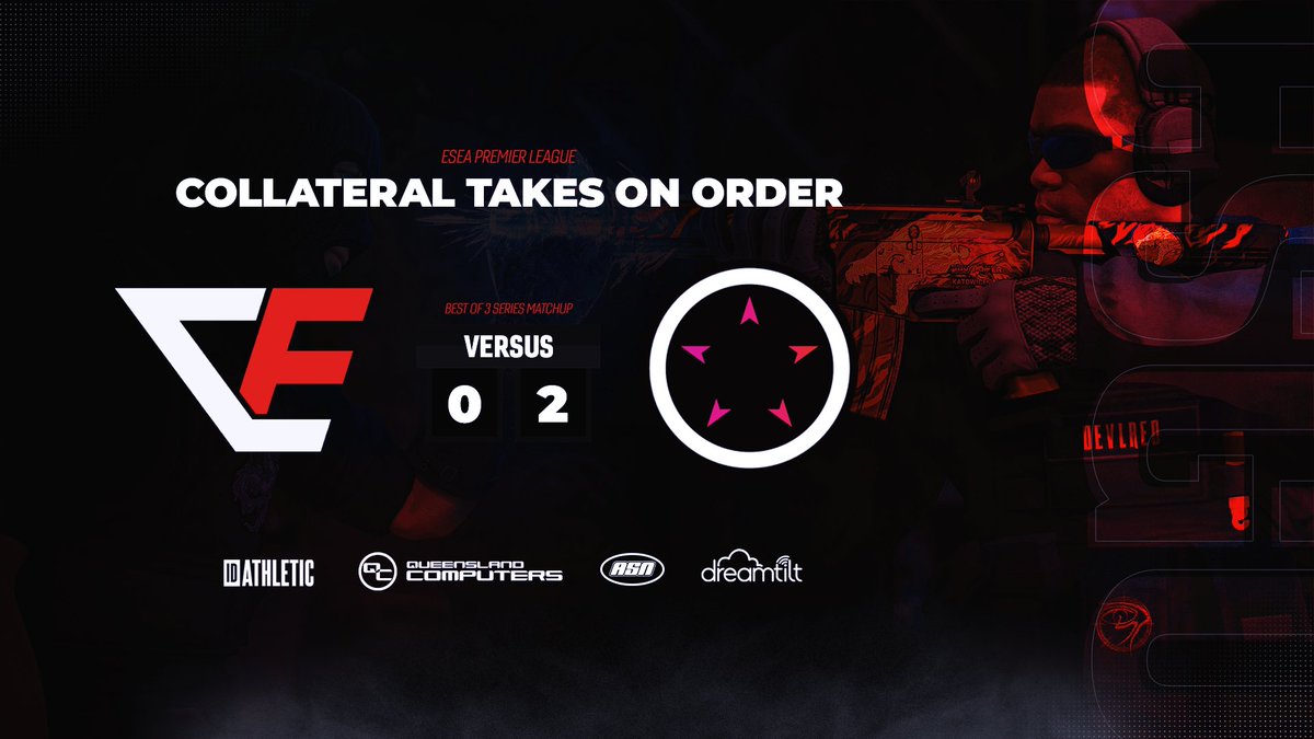 CollateralORG's tweet photo. [#CSGORESULT]

Last night our @CSGO team took a tough loss against @ORDER_army in their first match of the @ESEA Premier League. 

🗺️Ancient : 16 - 4
🗺️Mirage : 16 - 5

We will be back stronger for our next game - stay tuned for updates 👀💪 https://t.co/Cl31XB2It3