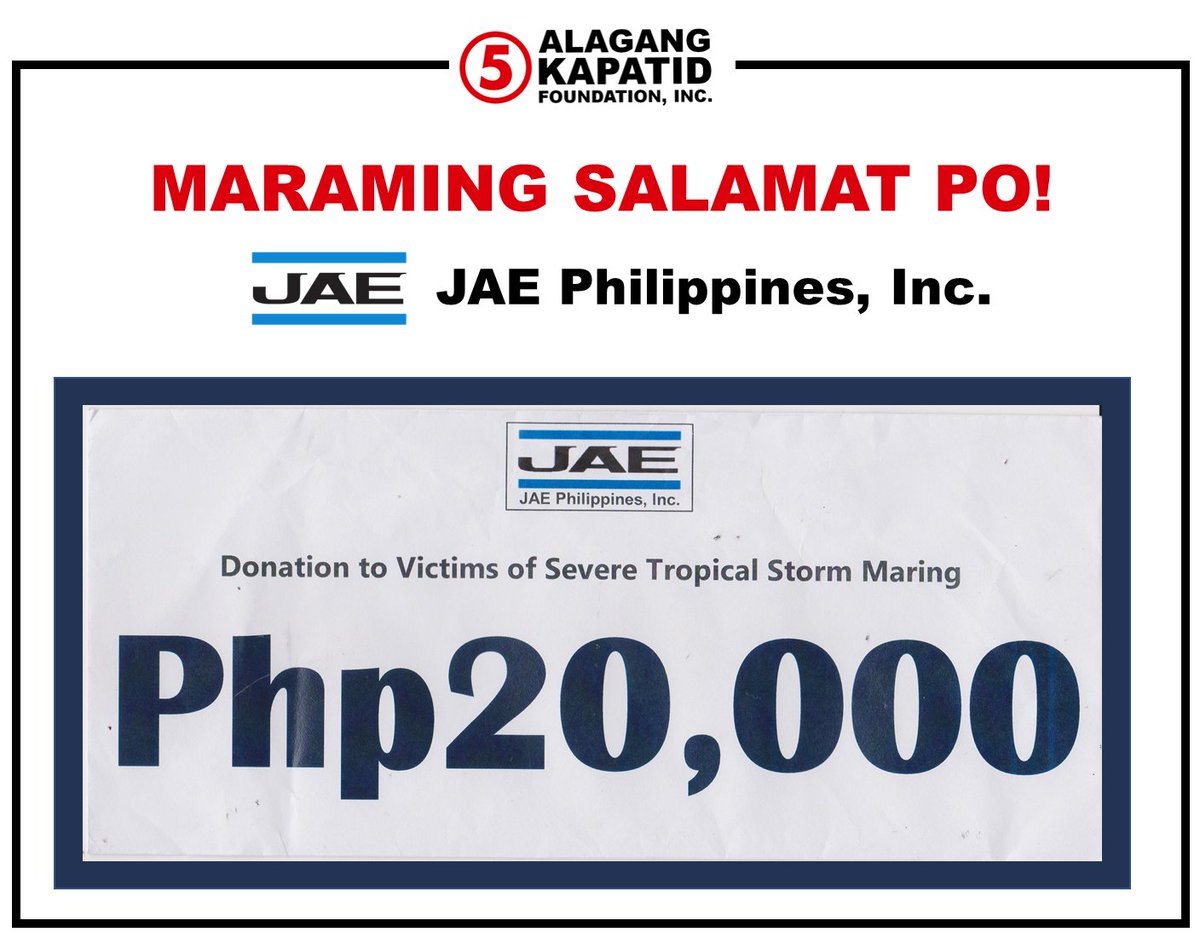 alagangkapatid's tweet photo. Mga Kapatid!

Alagang Kapatid Foundation, Inc. is proud to have generous friends that share the same passion for humanitarian causes.

With their help, victims of STS #MaringPH will be served and given a renewed sense of hope.

#SalamatKapatid, JAE Philippines, Inc. (Official)! https://t.co/FUzORlCzVB